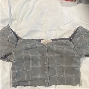 Plaid grey and white Cap Sleeve Crop Button Down Top